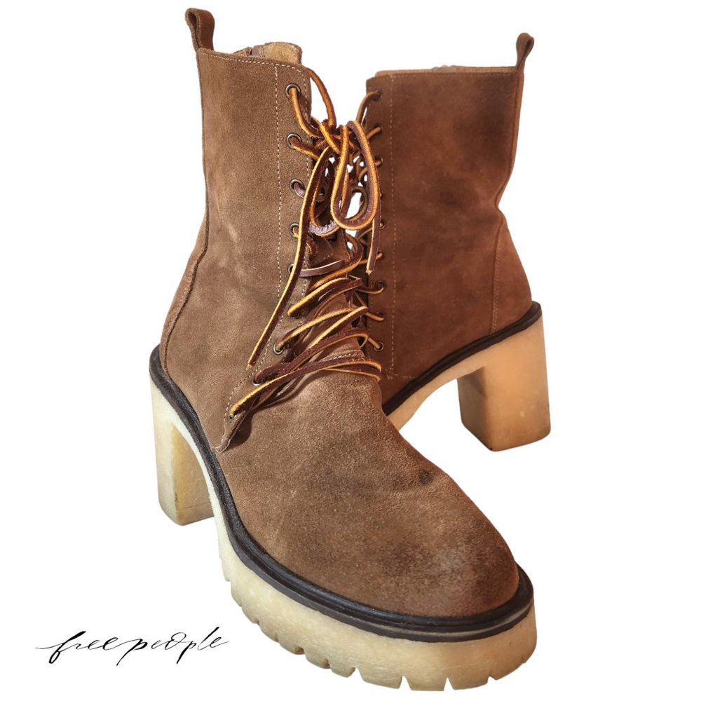 Free People DYLAN Women's Lace Up Brown Suede Chunky Heel Side Zip Boots Size 7.